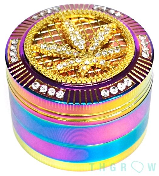 Grinder Bling Bling Hoja de cannabis con detalles dorados y brillantes color arcoíris 50mm