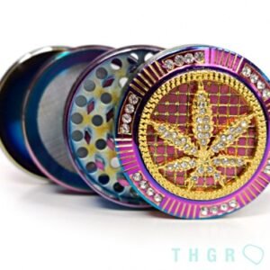 Grinder Bling Bling Hoja de cannabis con detalles dorados y brillantes color arcoíris 50mm