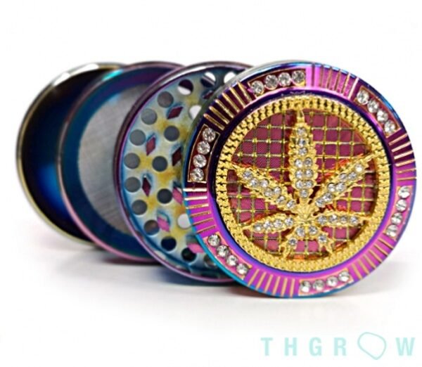 Grinder Bling Bling Hoja de cannabis con detalles dorados y brillantes color arcoíris 50mm